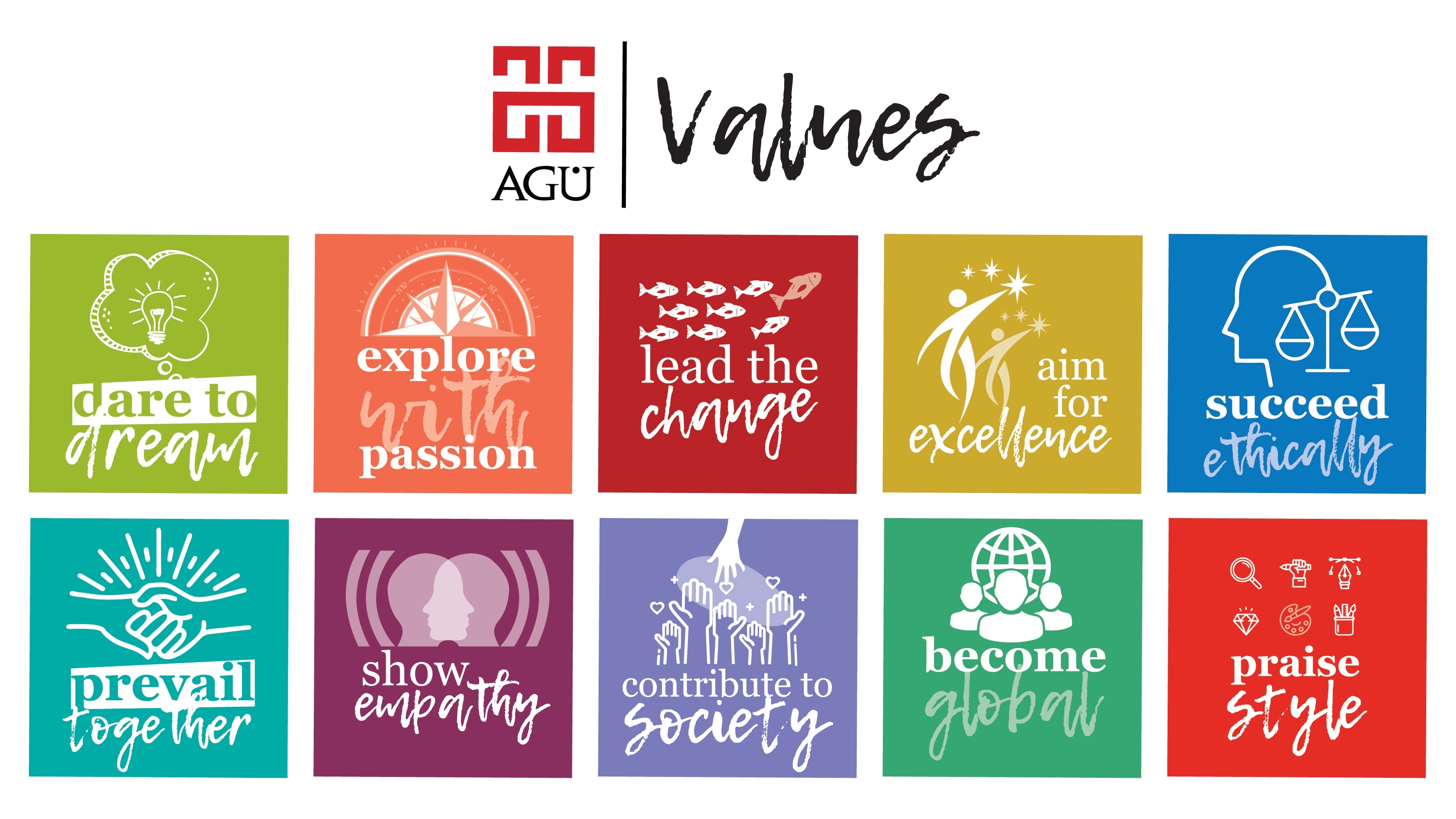 Abdullah Gül Universtiy, AGU, Values, Dare to dream, explore with passion, lead the change, aim for excellence, succeed ethically, prevail together, show empathy, contribute to society, become global, praise style