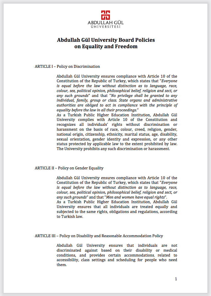 Abdullah Gül University, AGU, Sustainable Development, Sustainability, Reports, Board Policies on Equality and Freedom