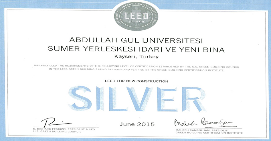 Abdullah Gül University, AGU, LEED Certificate, grey water system